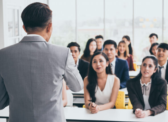 Businessman is explaining works to officers while training toget